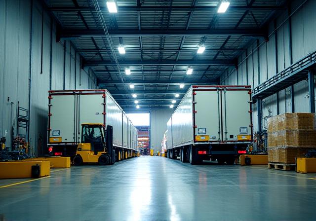 Busy loading docks with forklifts and personnel